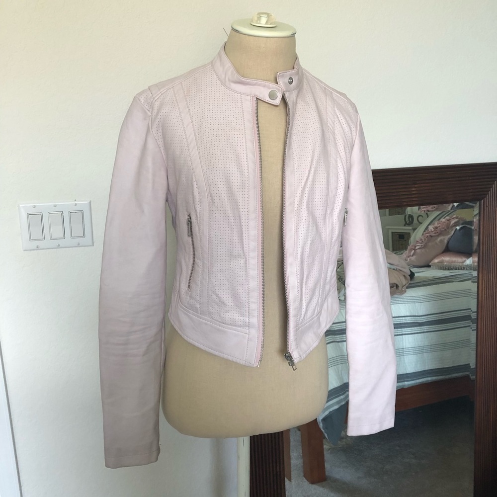Guess light pink cropped leather jacket